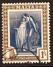 Malta 1922 1s. Indigo and Sepia. SG134.
