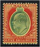 Malta 1904 5s. Green and Red on Yellow Paper. SG63.
