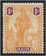 Malta 1922 1d Orange and purple. SG125.