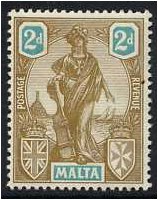 Malta 1922 2d Bistre-brown and turquoise. SG128.