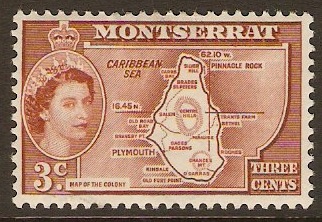 Montserrat 1953 3c Orange-brown inscr. "COLONY". SG139a.
