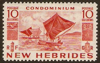 New Hebrides 1953 10c scarlet. SG69.
