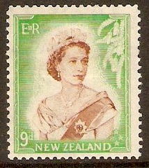 New Zealand 1953 9d Brown and bright green. SG731.
