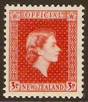New Zealand 1954 3d Red - Official Stamp. SGO163a.
