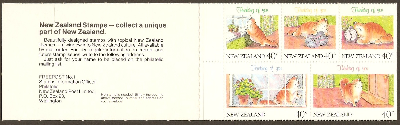 New Zealand 1991 40c "Thinking of You" Stamp booklet. SG1604-SG1