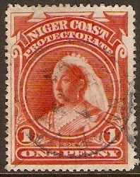 Niger Coast 1897 1d Orange-vermilion. SG67c. Perf 15-16.