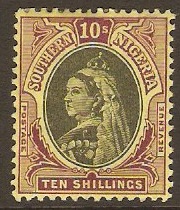 Southern Nigeria 1901 10s Black and purple on yellow. SG9.
