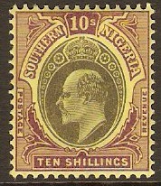 Southern Nigeria 1903 10s Grey-black and purple on yellow. SG19.