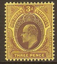 Southern Nigeria 1907 3d Purple on yellow. SG37.
