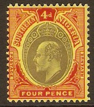 Southern Nigeria 1907 4d Black and red on yellow. SG38.