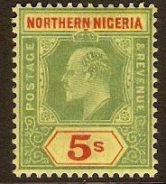 Northern Nigeria 1910 5s Green and red on yellow. SG38.