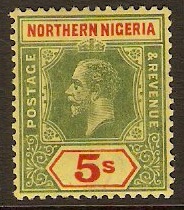 Northern Nigeria 1912 5s Green and red on yellow. SG50.
