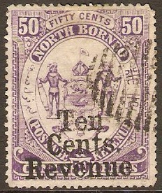 North Borneo 1886 10c on 50c Violet Fiscal Stamp. SGF3.