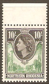Northern Rhodesia 1953 10s green and black. SG73.