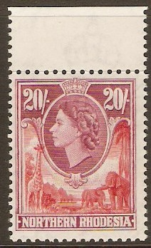 Northern Rhodesia 1953 20s rose-red and rose-purple. SG74.