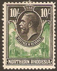 Northern Rhodesia 1925 10s green and black. SG16.