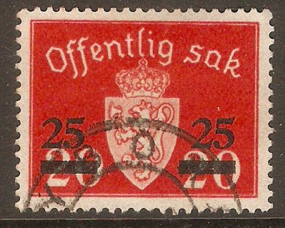 Norway 1949 25ore on 20ore Scarlet - Official Stamp. SGO402.