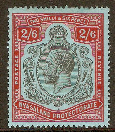 Nyasaland 1921 2s.6d Black & carmine-red on pale blue. SG110.