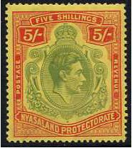 Nyasaland 1938 5s Pale green and red on yellow. SG141.