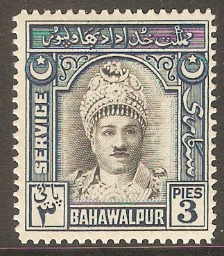 Bahawalpur 1945 3p Black and blue - Official stamp. SGO17.