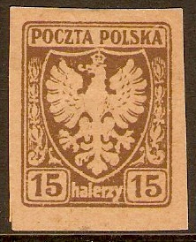 Poland 1919 15h Brown Imperf. Series. SG55.