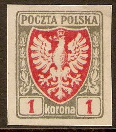 Poland 1919 1k Red and grey Imperf. Series. SG60.