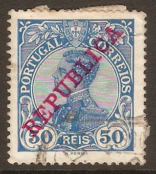 Portugal 1910 50r Bright blue. SG410a.