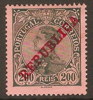 Portugal 1910 200r Deep green on salmon. SG414. - Click Image to Close