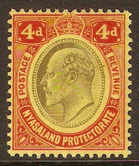 Nyasaland 1908 4d Black and red on yellow. SG76.