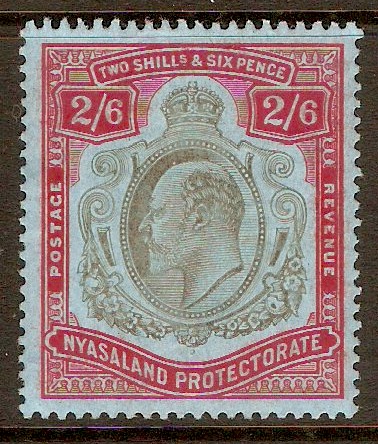 Nyasaland 1908 2s.6d Brownish blk and carmine-red on blue. SG78.