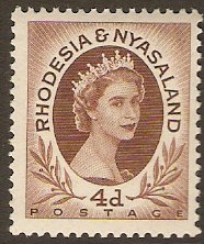 Rhodesia & Nyasaland 1954 4d Red-brown. SG5.