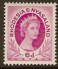 Rhodesia & Nyasaland 1954 6d Bright reddish purple. SG7.
