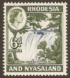 Rhodesia & Nyasaland 1959 6d Ultramarine & dp myrtle grn. SG24.