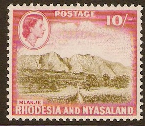 Rhodesia & Nyasaland 1959 10s Olive-brown and rose-red. SG30.