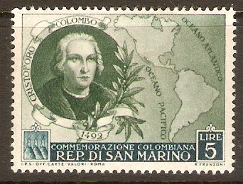San Marino 1952 5l Columbus Anniversary series. SG429.