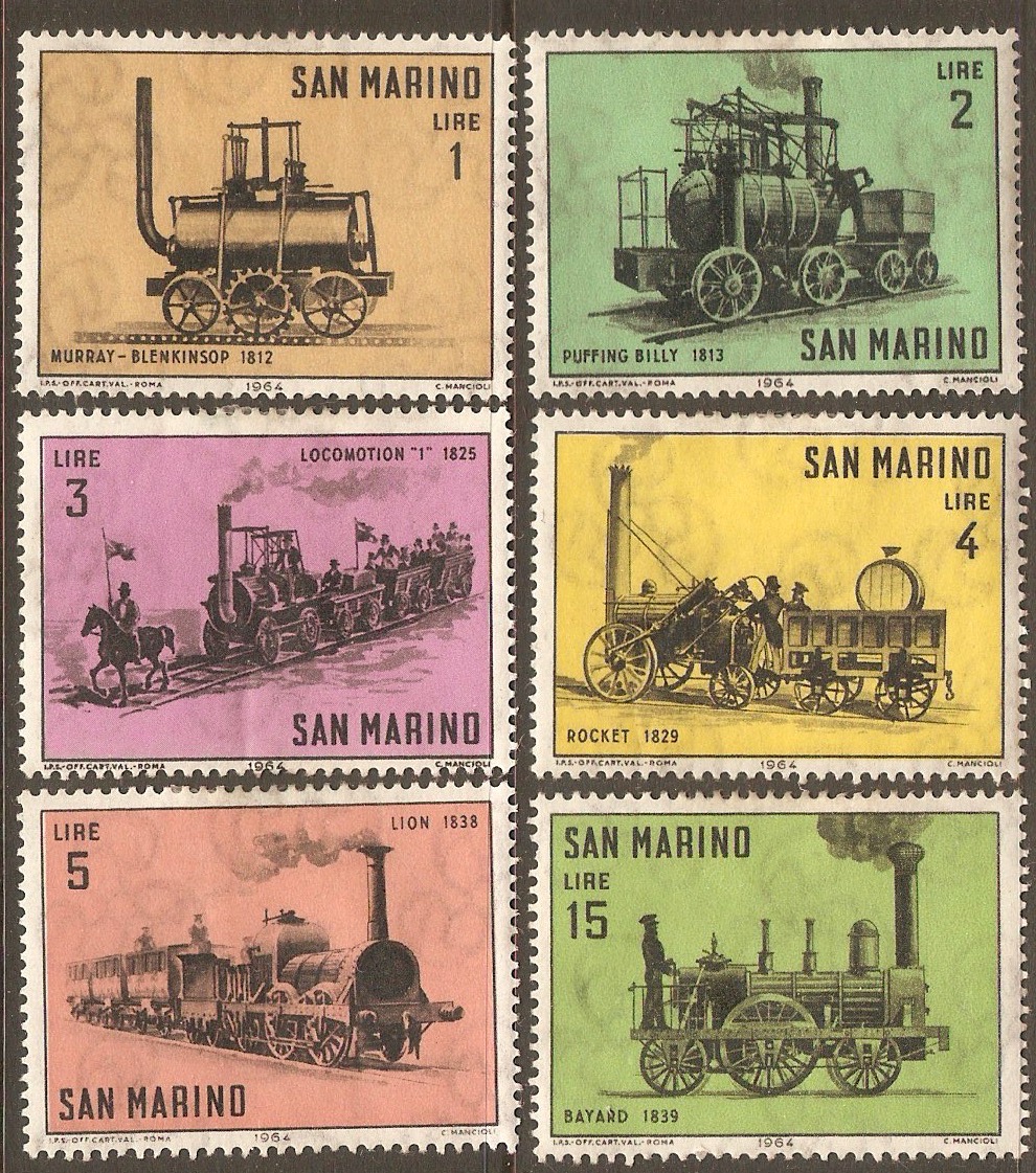 San Marino 1964 Locomotives Low Value sequence. SG755-SG760.
