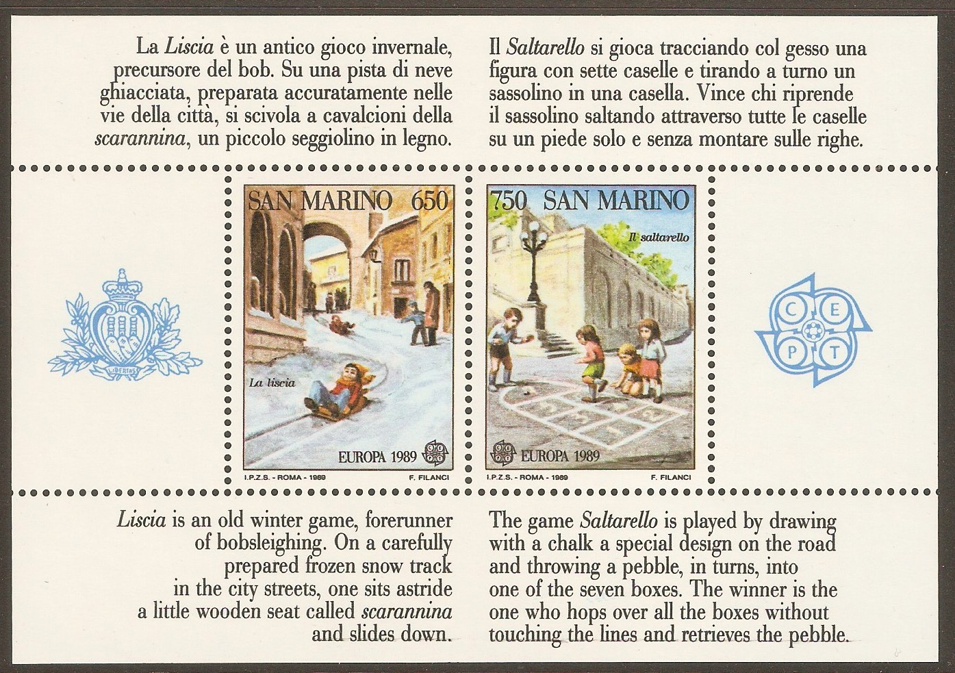San Marino 1989 Europa - Children's Games sheet. SGMS1339.
