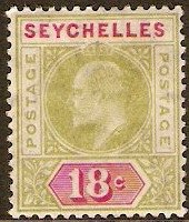 Seychelles 1906 18c sage-green and carmine. SG65.