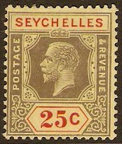 Seychelles 1917 25c black and red on pale yellow. SG89b.
