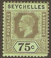 Seychelles 1917 75c black on blue green emerald back. SG93a.