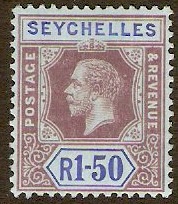 Seychelles 1917 1r.50 reddish purple and blue on blue. SG95.