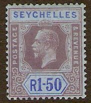 Seychelles 1917 1r.50 blue purple and blue on blue. SG95a.