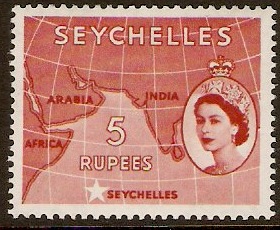 Seychelles 1954 5r Red. SG187.