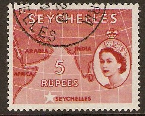 Seychelles 1954 5r red. SG187.