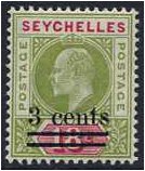 Seychelles 1903 3c. On 18c. Sage-Green and Carmine. SG58.