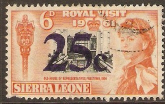 Sierra Leone 1964 25c on 6d Black and yellow-orange. SG320.