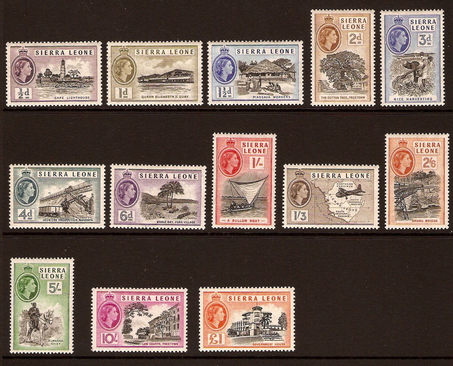 Sierra Leone 1956 Elizabeth II Definitive Set. SG210-SG222.