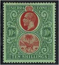 Sierra Leone 1921 10s. Red and Green on Green Paper. SG146.