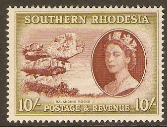 Southern Rhodesia 1953 10s. Red-brown and olive. SG90.