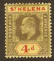 St Helena 1908 4d Black and red on yellow. SG66a.